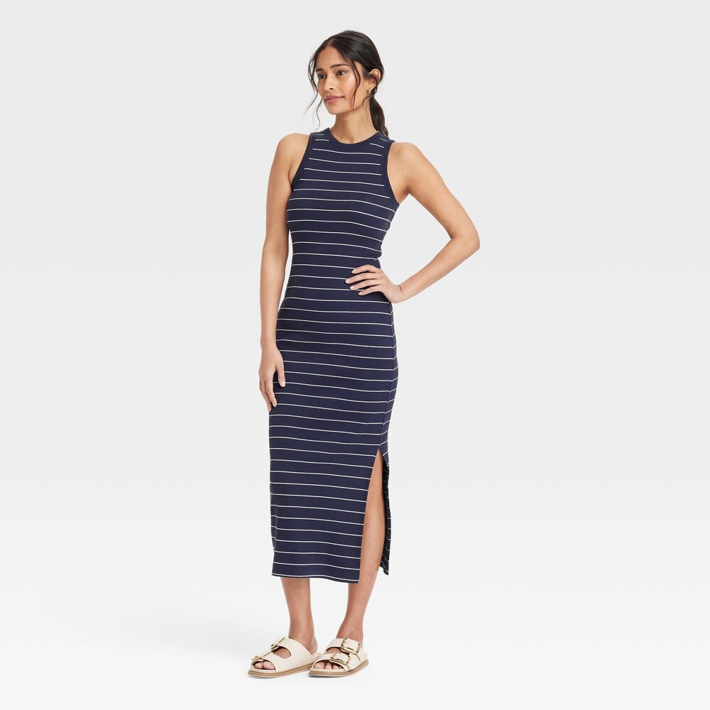 Rib-Knit Maxi Bodycon Dress - Navy Blue Striped M